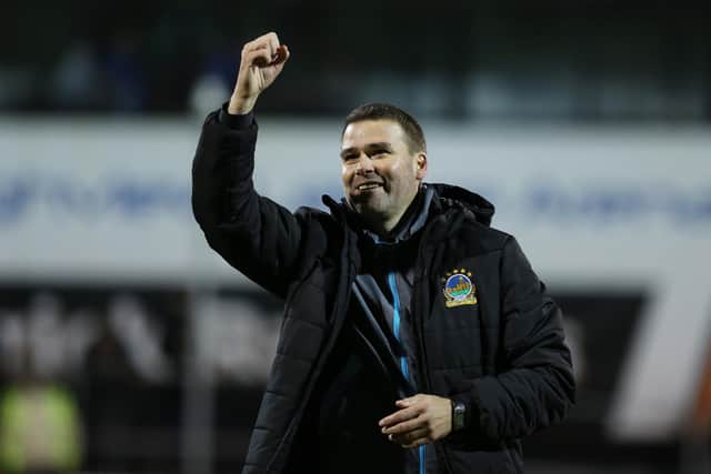 Linfield manager David Healy celebrates their victory over Carrick Rangers. PIC: INPHO/Lorcan Doherty