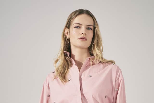 River Island Pink Poplin Embellished Oversized Shirt, £49; Pink Low Rise Parachute Trousers, £45, available from River Island