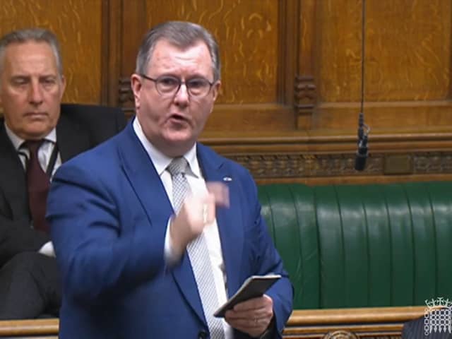 Sir Jeffrey Donaldson making his impassioned speech about his unionist critics on January 24. Yet nationalists who harangued him for two years were not attacked by him in that way