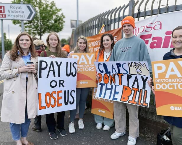 Junior doctors on the picket line outside the Royal Victoria Hospital in Belfast during a 48 hour strike in Northern Ireland over pay and staff retention