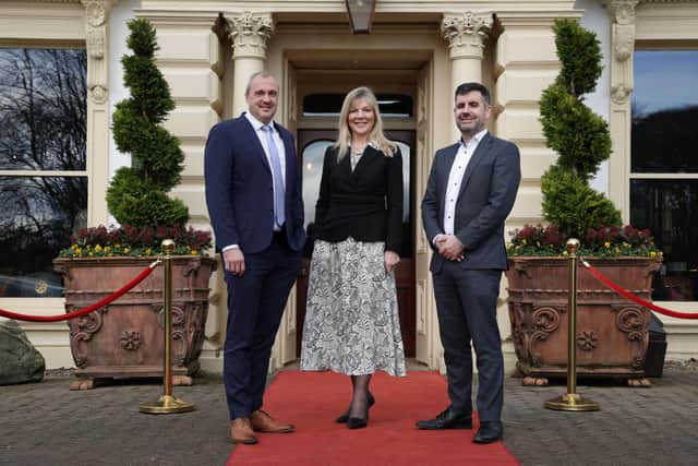 Northern Ireland Chamber of Commerce and Industry (NI Chamber) has announced that luxury hospitality group Galgorm Collection is the latest organisation to join its list of Patrons. Pictured are Colin Johnston, managing director, Galgorm Collection, Suzanne Wylie, chief executive, NI Chamber and Tiarnan O’Neill, Group finance director, Galgorm Collection