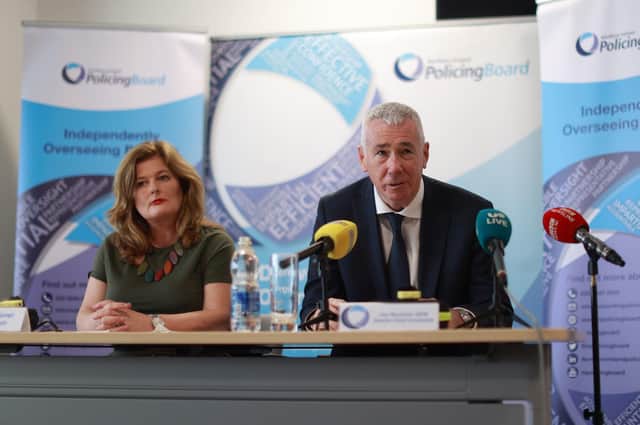 Policing Board chairwoman Deirdre Toner joins Jon Boutcher as he announces his appointment as the interim chief constable of the Police Service of Northern Ireland (PSNI) at the Policing Board at the Gasworks in Belfast