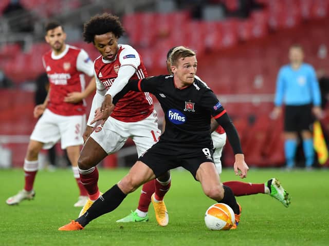John Mountney in action for Dundalk against Arsenal in October 2020. (Photo by Glyn KIRK / AFP)