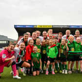 Glentoran Women celebrate winning the Sports Direct Premiership after this afternoon's at Seaview Stadium, Belfast. PIC: Andrew McCarroll/ Pacemaker Press