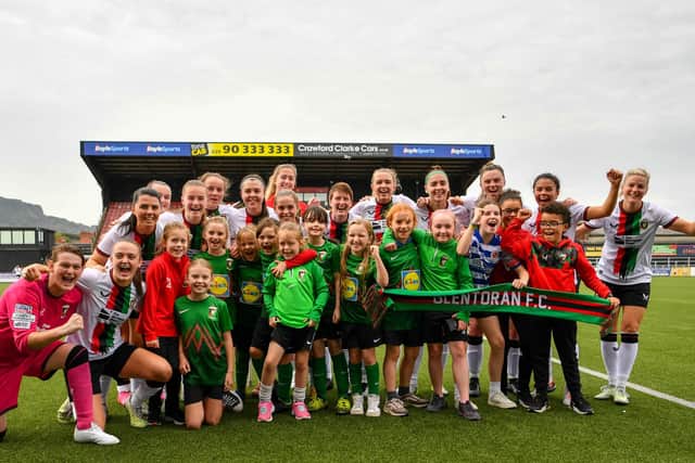 Glentoran Women celebrate winning the Sports Direct Premiership after this afternoon's at Seaview Stadium, Belfast. PIC: Andrew McCarroll/ Pacemaker Press