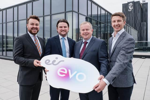 Leading telecoms and IT provider eir evo today confirmed it has signed a new 10-year lease to take residency on the tenth floor of the newly redeveloped Grade A office development The Vantage, which has undergone an extensive £25 million refurbishment by leading developer MRP, to transform the office space and add a new two-storey extension. Pictured are Greg Henry, Director of Lambert Smith Hampton; Jonathan McKinney, development manager of MRP; Philip O’Meara, eir evo regional director for Northern Ireland; and Richard McCaig, director of Osborne King