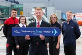 Mitchell, Swissport, Nicole, Mitie, Conor, Swissport, Chloe, CCS Airport Services and James, WHSmith at the launch Belfast City Airport’s ‘Runway to Success Jobs Fair’, taking place on 7th November 2023 to fill over 30 roles available with its commercial and operational partners
