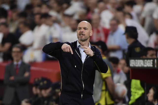 Manchester United's Dutch manager Erik ten Hag gestures during the UEFA Europa league quarter final second Leg football match between Sevilla and Manchester United at the Ramon Sanchez-Pizjuan stadium in Seville.
