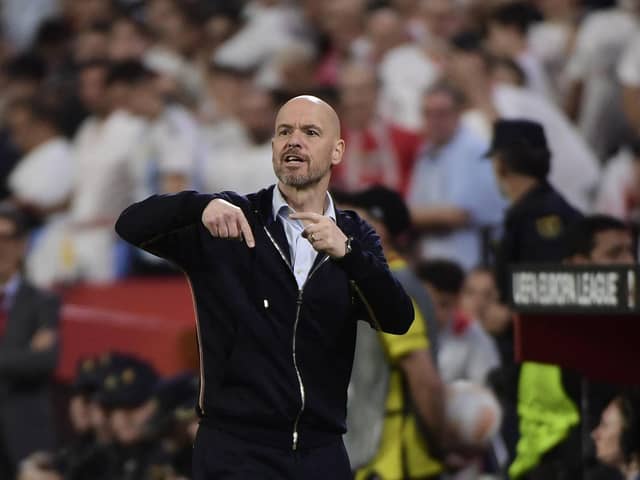 Manchester United's Dutch manager Erik ten Hag gestures during the UEFA Europa league quarter final second Leg football match between Sevilla and Manchester United at the Ramon Sanchez-Pizjuan stadium in Seville.