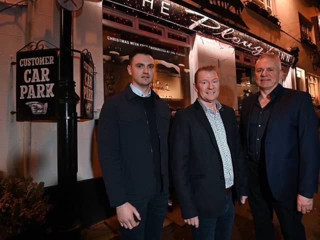 One of Northern Ireland’s most famous family-run hospitality venues The Plough Inn Hillsborough is changing ownership to another of the sector’s best-known families, the McGlones of Magherafelt. Celebrating the completion of the deal are Richard Patterson with new owners Ryan McGlone and Henry McGlone. The McGlone family brings a wealth of industry experience to The Plough Inn having successfully founded and developed a number of venues in the mid Ulster area, including Dormans, Mary’s Bar and Secrets