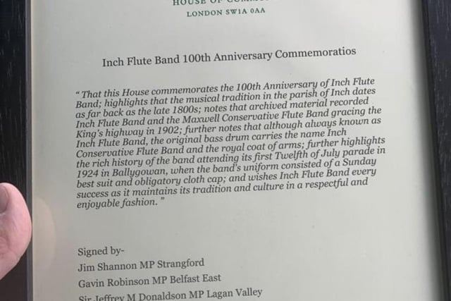 Inch Flute Band recognised in House of Commons