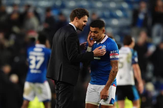 Rangers manager Danny Rohl and James Tavernier at the final whistle after Sunday's 0-0 draw with Falkrik at Ibrox. (Photo by Andrew Milligan/PA Wire)