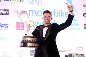 Glenn Irwin celebrates a second successive Joey Dunlop trophy as Irish Motorcyclist of the Year winner in Friday's Adelaide Irish Motorbike Awards ceremony at Belfast's Crowne Plaza Hotel. (Photo by Stephen Davison)