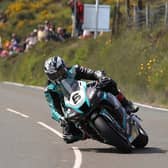 Michael Dunlop on the Hawk Racing Honda Superbike at Creg-ny-Baa during practice at the Isle of Man TT on Monday