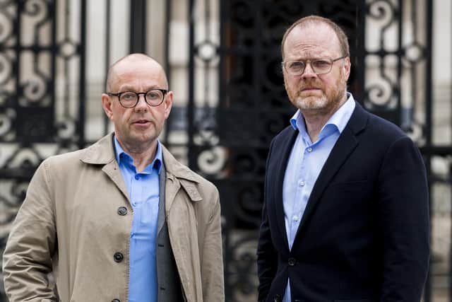 Barry McCaffrey (left) and Trevor Birney standing outside Belfast High Court in 2019. At the time Northern Ireland's police chief made an unreserved apology to the two investigative journalists arrested over material that appeared in a documentary on a Troubles massacre.