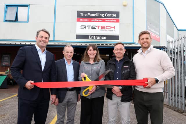 John Paul O’Reilly, managing director Specialist Products Division, Chadwicks Group, Damien Long, managing director, Sitetech, Amanda Bothwell, Ravenhill branch manager, Gary Higgins, general manager, The Panelling Centre and Chris Henry, former Ulster Rugby player at the opening of the first-ever Northern Ireland location for both The Panelling Centre and Sitetech