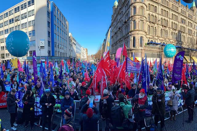 Public sector workers take part in a rally at Belfast City Hall, as an estimated 150,000 workers take part in walkouts over pay across Northern Ireland in January. Photo: Liam McBurney/PA Wire