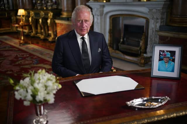 King Charles III delivers his address to the nation and the Commonwealth from Buckingham Palace, London, following the death of Queen Elizabeth II on Thursday. Picture date: Friday September 9, 2022. PA Photo. Photo: Yui Mok/PA Wire