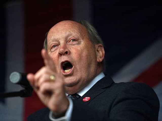 Traditional Unionist Voice party leader Jim Allister addresses an anti-Northern Ireland Protocol protest rally on June 18, 2021 in Newtownards