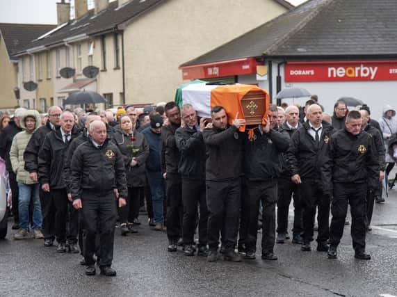The funeral of Pearse McAuley in Strabane last Thursday. McAuley was sentenced to 14 years in jail for the manslaughter of Detective Garda Jerry McCabe, who was shot dead by an IRA gang during a post office raid in Co Limerick in June 1996