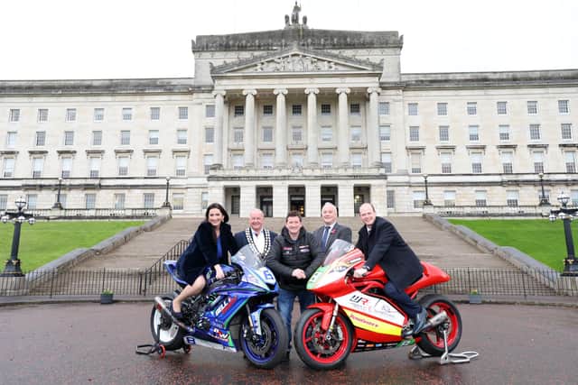 Pictured at the announcement of plans to run the Ulster Grand Prix in 2027 are (from left) Deputy First Minister, Emma Little-Pengelly and Minister for Communities, Gordon Lyons with MCUI officials Mark Harrison and Mark Sanlon with racer Christian Elkin at Parliament Buildings, Stormont. (Photo by Stephen Davison/Pacemaker Press)