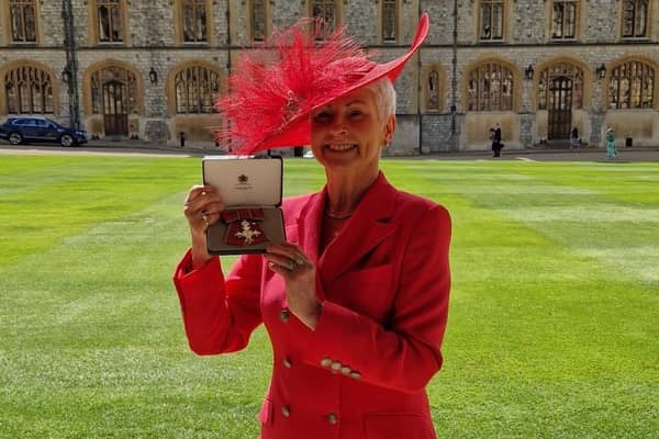 UTV star Pamela Ballantine receiving her MBE at Windsor Castle on April 17, 2024