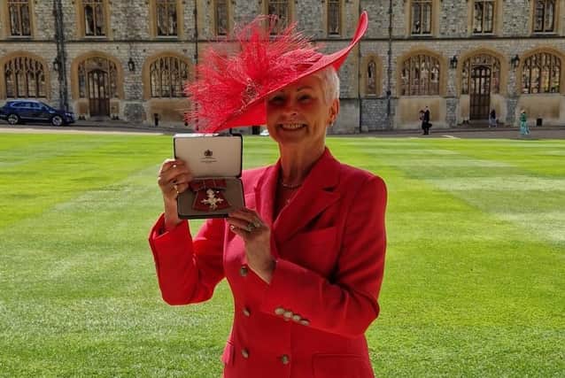 UTV star Pamela Ballantine receiving her MBE at Windsor Castle on April 17, 2024
