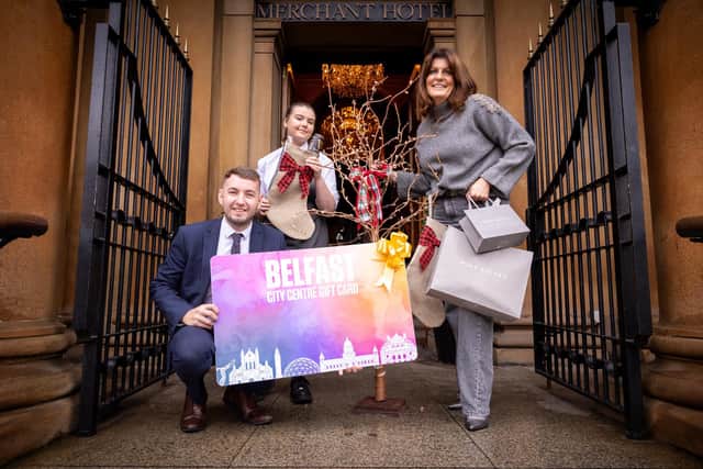 Launching the Belfast City Centre Gift Card corporate gift campaign #GiftTheCity, the perfect Christmas gift for staff or corporate clients which is available to use in over 225 businesses across Belfast City Centre from retail, health & beauty, bars, restaurants & hotels, at The Merchant Hotel were, from left, Belfast City Centre Gift Card participating businesses Mark O'Neill from The Merchant Hotel, Charlotte Kerfoot from Robinsons Bars  and Clair McMenemy from Mint Velvet
