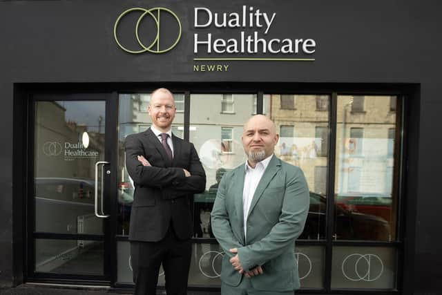 Duality Healthcare Private General Practice and Urgent Care Service, founded by Newry businessmen John McEvoy and Dr Declan Morgan (pictured), has announced the opening of two new purpose built private GP clinics in Newry City Centre and Galgorm Castle Business Park, Ballymena. The openings, which will compliment their headquarters in Newry, currently represent a £2m investment and are part of a rapid expansion plan including clinic openings in Omagh, City of Derry and Belfast City Centre throughout 2024 and employing over 70 staff