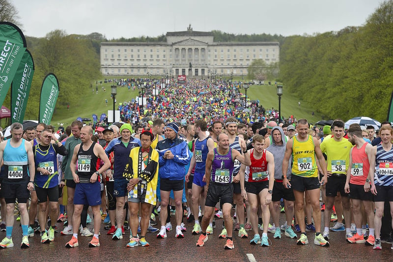 Thousands of runners pictured at the start of the 2022 Mash Direct Belfast City Marathon at Stormont