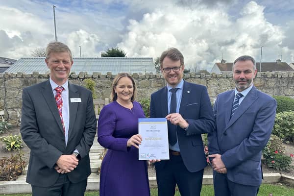 Carrickfergus based injection moulding company, IPC Mouldings, has received its fifth consecutive gold performance award as part of the SC21 Operational Excellence programme. Pictured are Colin Hart, ADS, Joanne Liddle, IPC Mouldings, Alan Henning, Collins Aerospace, Graeme Bennett, IPC Mouldings