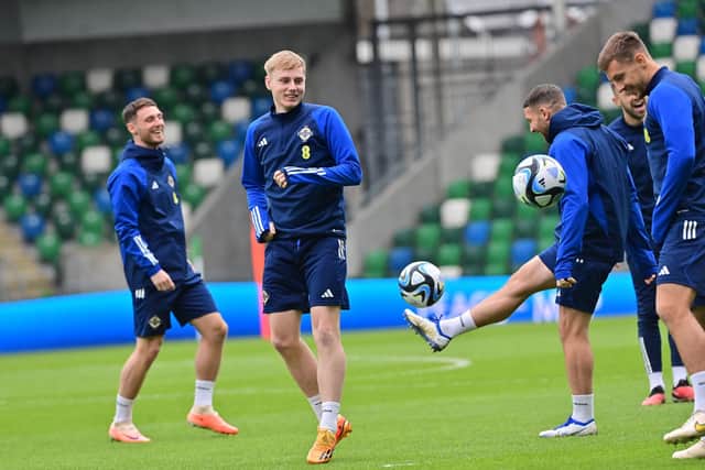 Northern Ireland players enjoying training heading into tonight's Euro 2024 qualifying home clash with Slovenia in Belfast. (Photo by Colm Lenaghan/Pacemaker)