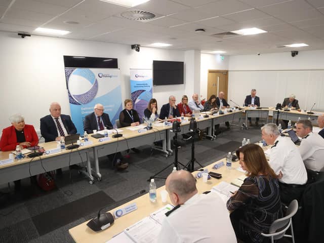 Chief Constable Jon Boutcher (centre right) during his first Northern Ireland Policing Board meeting at Cromac House in Belfast.Photo: Liam McBurney/PA Wire