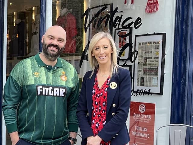 Carla Lockhart MP welcomes Vintage Kit Co. to Church Street which doubles up as a cafe. She is pictured with owner Aaron McIldoon