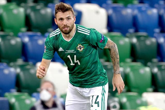 Leeds United's Stuart Dallas on international duty for Northern Ireland in 2020. (Photo by Liam McBurney/PA)