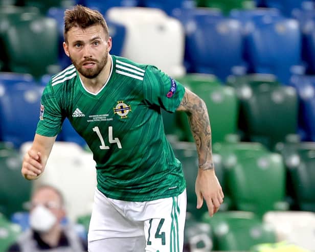 Leeds United's Stuart Dallas on international duty for Northern Ireland in 2020. (Photo by Liam McBurney/PA)