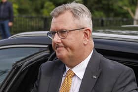 Jeffrey Donaldson arriving at Newry Crown Court during his trial in June.