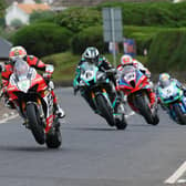Glenn Irwin (BeerMonster Ducati) leads Michael Dunlop (Hawk Racing Honda), Alastair Seeley (Milwaukee BMW) and Dean Harrison (DAO Kawasaki) in the feature Superbike race at the North West 200