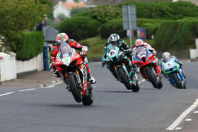 Glenn Irwin (BeerMonster Ducati) leads Michael Dunlop (Hawk Racing Honda), Alastair Seeley (Milwaukee BMW) and Dean Harrison (DAO Kawasaki) in the feature Superbike race at the North West 200