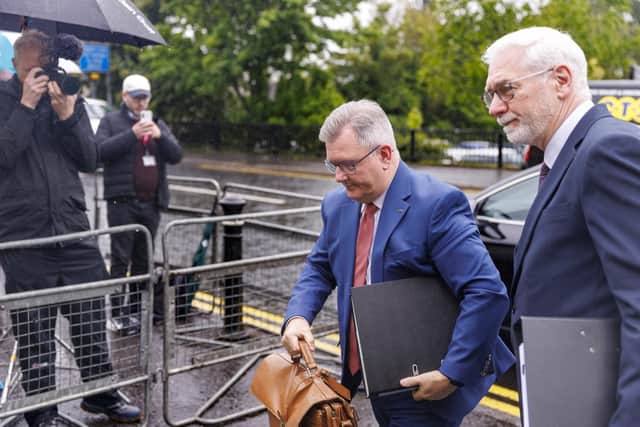 Sir Jeffrey Donaldson (centre) arriving at Newry Crown Court. Picture date: Thursday June 11, 2026. Photo: Liam McBurney/PA Wire