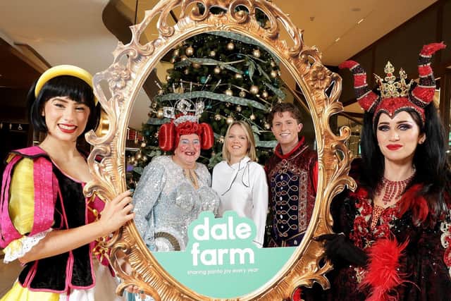 Dale Farm is reprising its role as sponsor of the Grand Opera House pantomime for another three years, a partnership which will see the local dairy company support Northern Ireland’s largest and most successful panto for more than 10 years. Pictured are Snow White, Aisling Sharkey and Queen Dragonella, Jolene O'Hara, with May of the Mirror, May McFettridge, Caroline Martin, Dale Farm and Prince Conall of Coleraine, Conor Headley