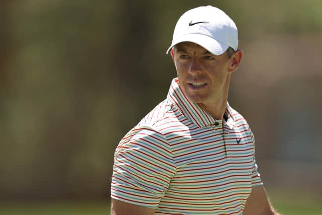CASTLE ROCK, COLORADO - AUGUST 22: Rory McIlroy of Northern Ireland reacts on the ninth green during the first round of the BMW Championship at Castle Pines Golf Club on August 22, 2024 in Castle Rock, Colorado. (Photo by Harry How/Getty Images)