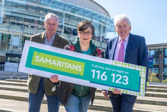 Now Samaritans is bringing their insights and strategies into offices, shop floors and boardrooms through specialist mental health awareness in the workplace training. Pictured are Samaritan Volunteers Alan Heron and Edelle McMahon with Brendan Kearney, chairman of FSB Northern Ireland