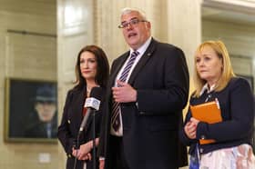 (left-right) Deputy First Minister Emma Little-Pengelly, DUP leader Gavin Robinson MP, and DUP deputy leader Michelle McIlveen during a press conference at Parliament Buildings, Stormont, after meeting Taoiseach Micheal Martin during the Taoiseach's two-day visit to Northern Ireland