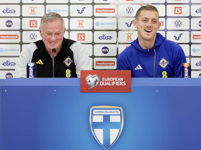 Northern Ireland manager Michael O'Neill and captain George Saville at a press conference before facing Finland in Helsinki across the Euro 2024 qualifying campaign. (Photo by William Cherry/PressEye)
