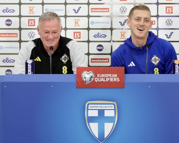 Northern Ireland manager Michael O'Neill and captain George Saville at a press conference before facing Finland in Helsinki across the Euro 2024 qualifying campaign. (Photo by William Cherry/PressEye)