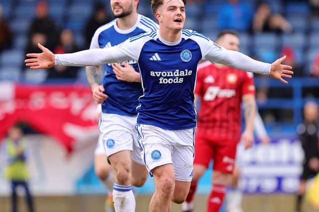 Teenager Paul McGovern celebrates scoring last season for Glenavon, with the forward's form securing a summer switch to Falkirk in the Scottish Premiership. (Photo by Alan Weir/Pacemaker Press)