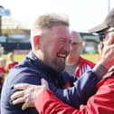 It proved a day of high emotion for manager Niall Currie and supporters as Portadown secured the Championship title plus promotion back up to the Premiership with a 1-1 draw at Shamrock Park against Dundela. (Photo by David Maginnis/Pacemaker Press)