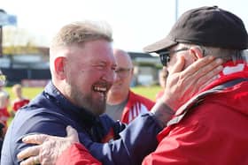 It proved a day of high emotion for manager Niall Currie and supporters as Portadown secured the Championship title plus promotion back up to the Premiership with a 1-1 draw at Shamrock Park against Dundela. (Photo by David Maginnis/Pacemaker Press)