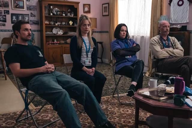 A publicity image for forthcoming sitcom 'Rewarding', starring Vittorio Angelone (far left). Photo: Conker Pictures/Peter Marley/BBC